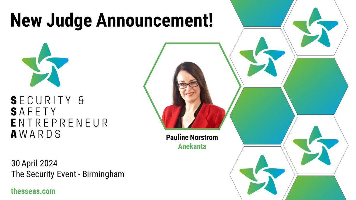 The Security & Safety Entrepreneur Awards (SSEAs) (@thesseawards) on Twitter photo 📢 We are pleased to introduce another member of the SSEAs judging panel; Pauline Norstrom <a href="/NorstromPauline/">Pauline Norstrom</a>
The SSEAs take place on 30 April at <a href="/SecurityEventUK/">The Security Event</a>
Nominations are now open, find out more and enter here thesseas.com/enter 📢 We are pleased to introduce another member of the SSEAs judging panel; Pauline Norstrom <a href="/NorstromPauline/">Pauline Norstrom</a>
The SSEAs take place on 30 April at <a href="/SecurityEventUK/">The Security Event</a>
Nominations are now open, find out more and enter here thesseas.com/enter