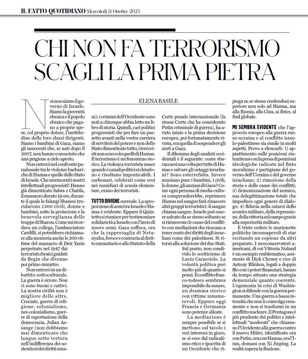 ElenaBasileIT's tweet image. La rassegna stampa degli Esteri non ha incluso l articolo

Stanchi di sottocultura e della barbarie che stigmatizza i crimini dei soliti incapace di guardare ai propri

#Gaza 
#Gaza_under_attack