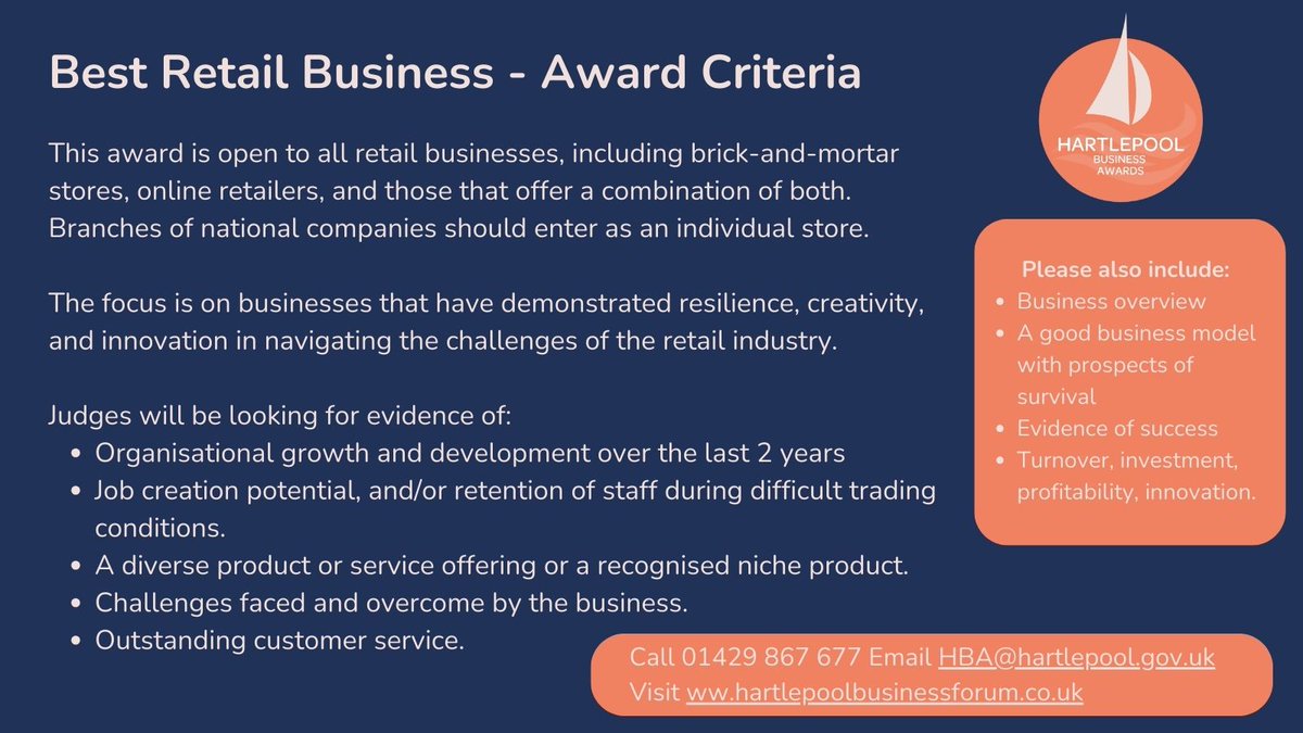 Are you a retail business in Hartlepool? Have you applied for #HartlepoolBusinessAwards2023
⭐ Applications close this Friday 12pm noon ⭐
Check out the Best Retail Business award criteria below &amp; apply here ⤵
lnkd.in/eVEwzyVb
