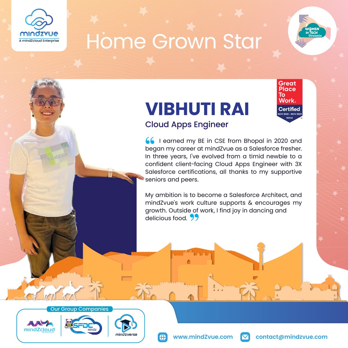 MindZvue's tweet image. Vibhuti's story is one of aspiration, growth, and achievement. Her journey at mindZvue is a testament to the company’s commitment to nurturing talent and empowering women in the workplace.
#womenintech #salesforce #SalesforceImplementation #WITDreamin #WITDreamin23 #mindZvue