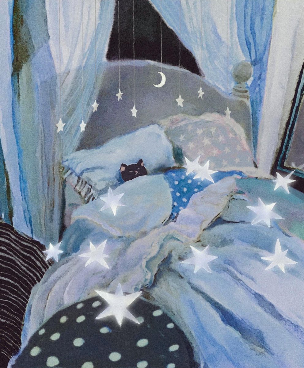 curtains star (symbol) pillow cat bed sleeping painting (medium)  illustration images