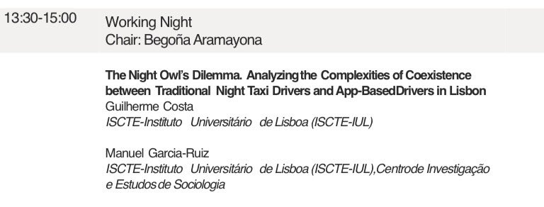 Excited to present at <a href="/icnslx/">ICNSLX</a> today! <a href="/vanhoben/">Manuel Garcia-Ruiz</a> and I have been working hard on "The Night Owl's Dilemma: Analyzing Coexistence between Traditional Night Taxi Drivers and App-Based Drivers in Lisbon." 🚕 

Let's dive into the complexities of nocturnal transportation!
#ICNS #Night