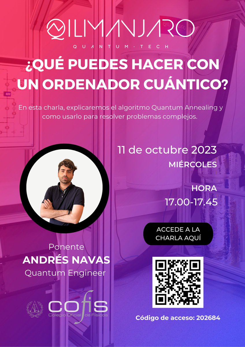 qilimanjaro's tweet photo. Today! 5pm! 🎙️
Second talk co-organized with @red_cofis about #quanutmcomputing
This time we'll talk about quantum annealing algorithms and how are they used to solve complex problems, by Andrés Navas.
Join via Zoom: https://t.co/bPPAjxXSOb
Access code: 202684 https://t.co/rBLfx5SOhu