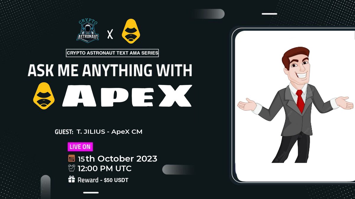 CryptoAs_TW's tweet photo. 📢 We're thrilled to announce our next #AMA with "ApeX"on 15th,October,2023 at 12:00 PM UTC

 🔠 𝗧𝗘𝗫𝗧 𝗔𝗠𝗔 ✅

🏦Venue: https://t.co/ek0o0kbGSw

🏆 Reward Pool: $50

〽️Rules
Follow @CryptoAs_TW &amp; @OfficialApeXdex

~ Comment &amp; Like,Retweet &amp; Follow https://t.co/KsFSEWM8Oy