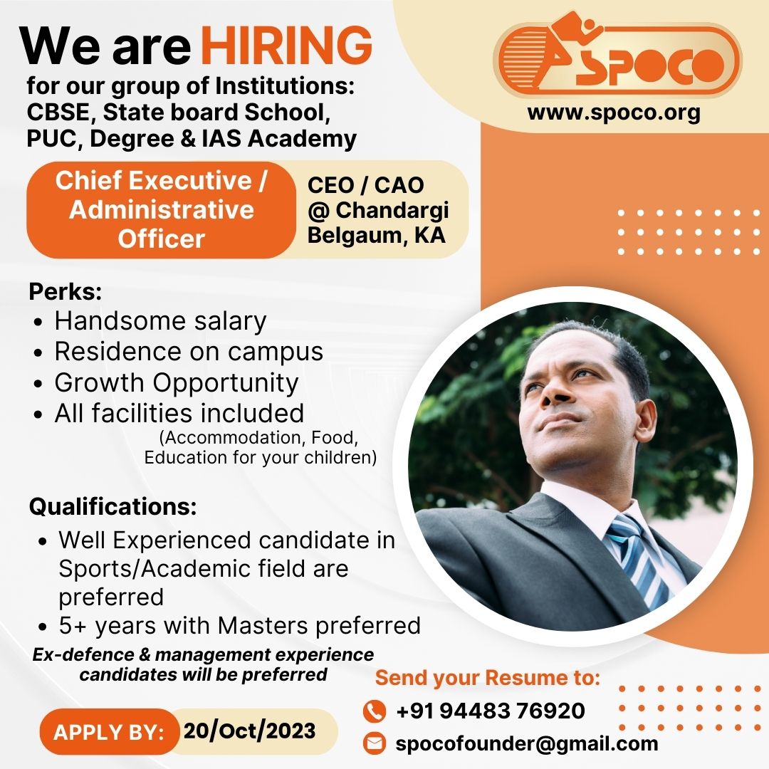 Exciting Opportunity Alert! 🌟 We are thrilled to announce that we're on the lookout for a dynamic leader to join our team as the CEO for SPOCO
#ceojobs  #sportsschool  #belagavi   #LeadershipRoles  #SPOCO  #nowhiring2023  #jobopportunity #LeadershipRoles   #ApplyNow