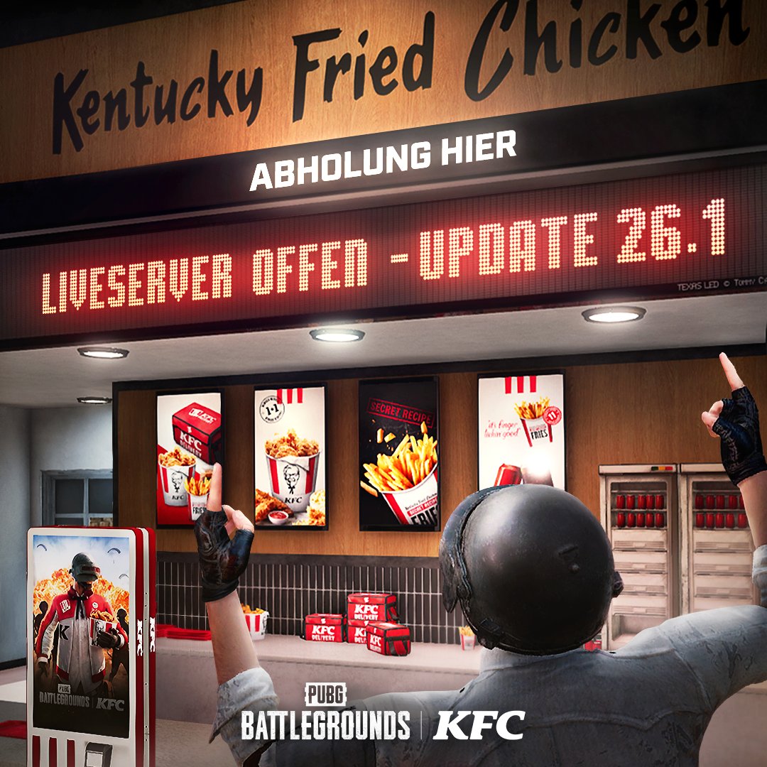Das Warten hat ein Ende! 🔥 Update 26.1 ist JETZT auf den PC Live-Servern verfügbar! 

Seid die Ersten, die das neue Erangel ausprobieren, und vergesst dabei auf keinen Fall, die Chicken-Combo im #KFC Store abzugreifen! 🍗

📰 pubg.com/de/news/6717

#PUBG #PUBGxKFC