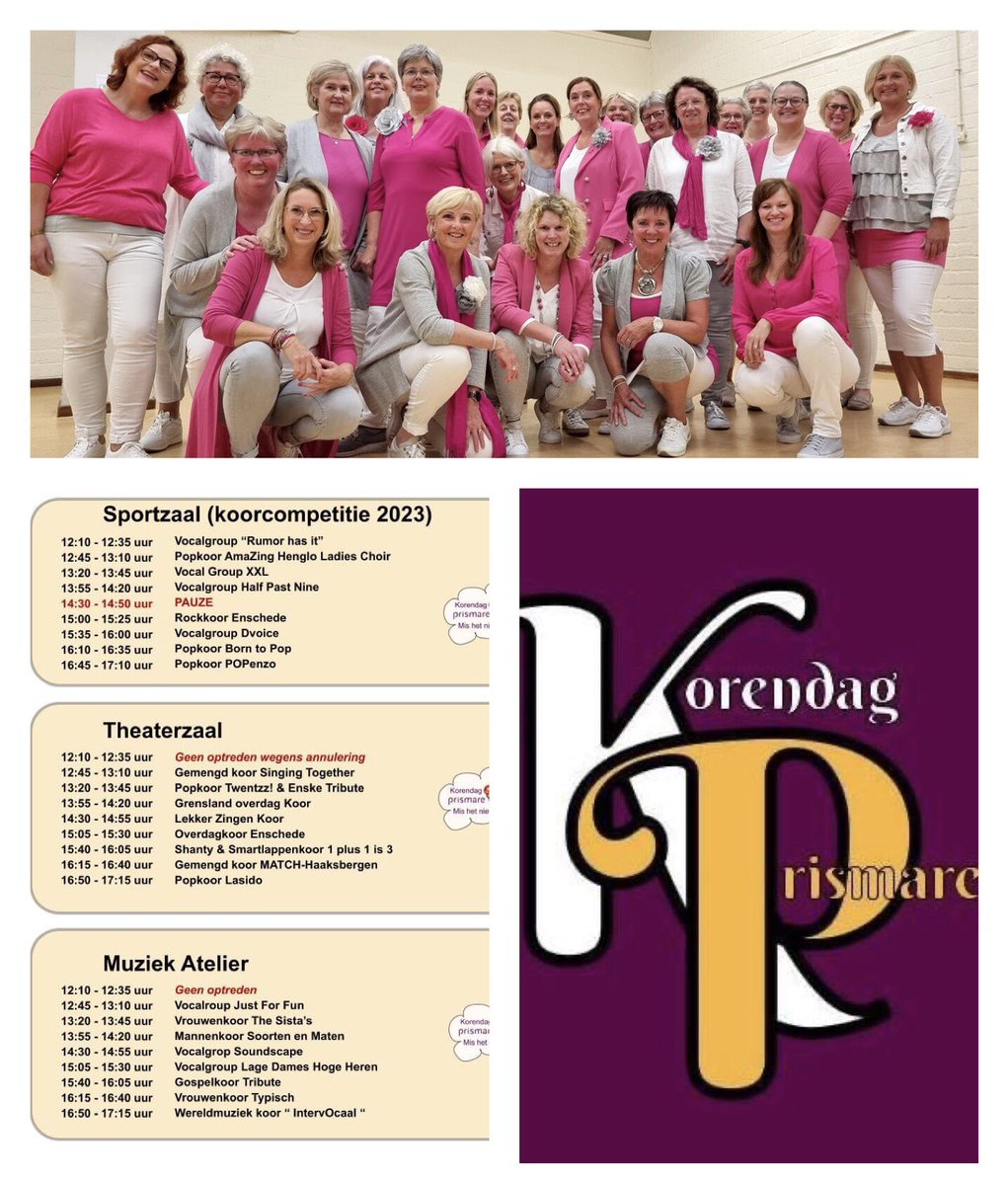Aanstaande zaterdag is het zover, de koorcompetitie van korendag Prismare.
Wij zingen om 16:45 uur in de sportzaal.
Helaas dit keer zonder onze knallende band, maar wel met de prachtige piano klanken van onze Dries. Graag tot dan! #POPenPrismare