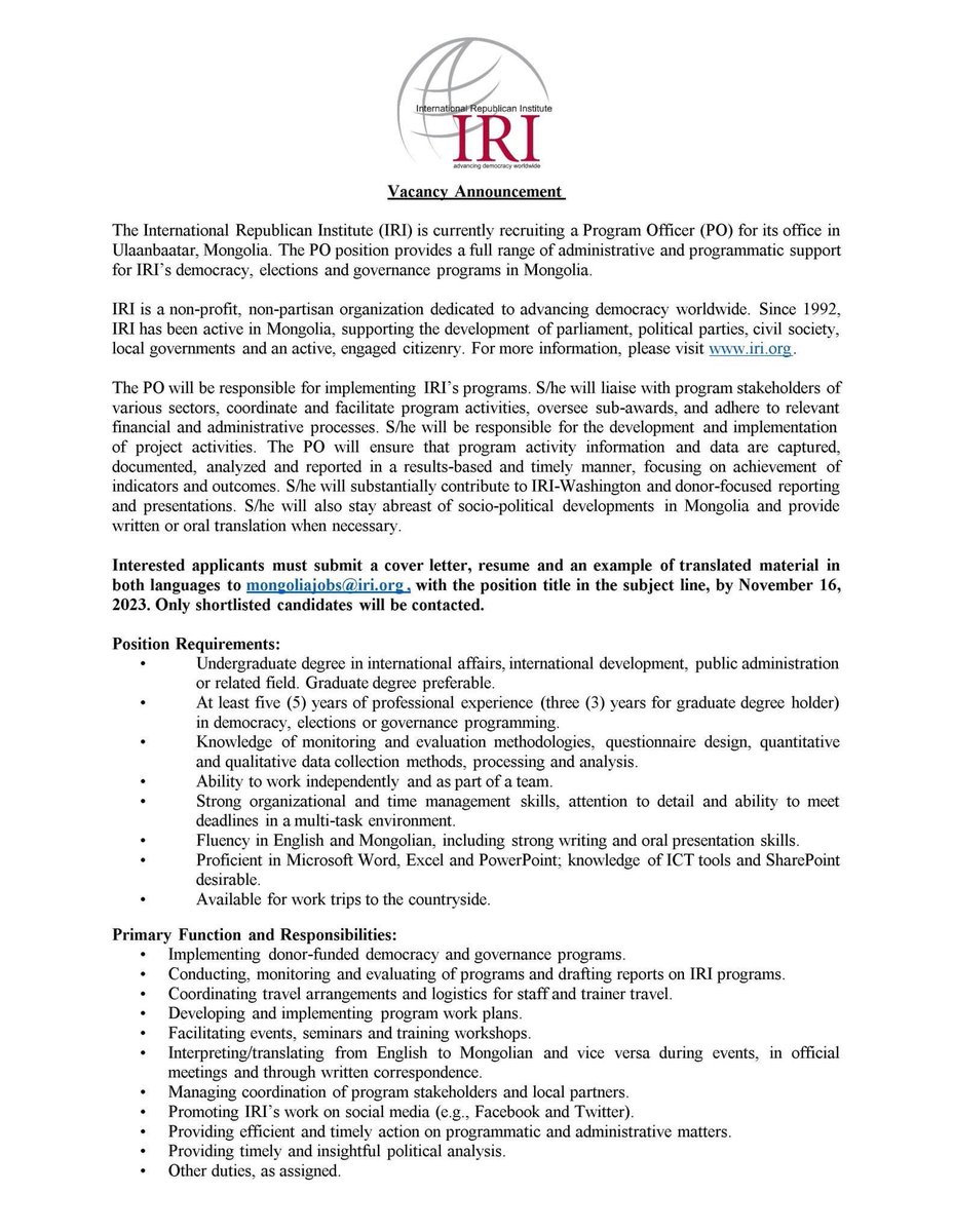 CraigCastagna's tweet photo. @IRIglobal in #Mongolia is now hiring for a Program Officer to help with our work advancing democracy, see details 👇 https://t.co/Ce2Hv45rEr