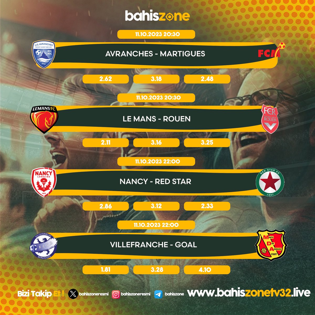 🔸Yüksek Oran ve Fazla Bahis Seçenekleri ile #BahisZone Farkını Yaşa!

🆚 Günün Karşılaşmaları

🗓️ 11.10.2023

🎉 #BahisZone ‘da Kampanya ve Fırsatlar Bitmez!

✅ Giriş Adresimiz: bit.ly/BahisZone

#freebonus #freebet #casino #canlıcasino