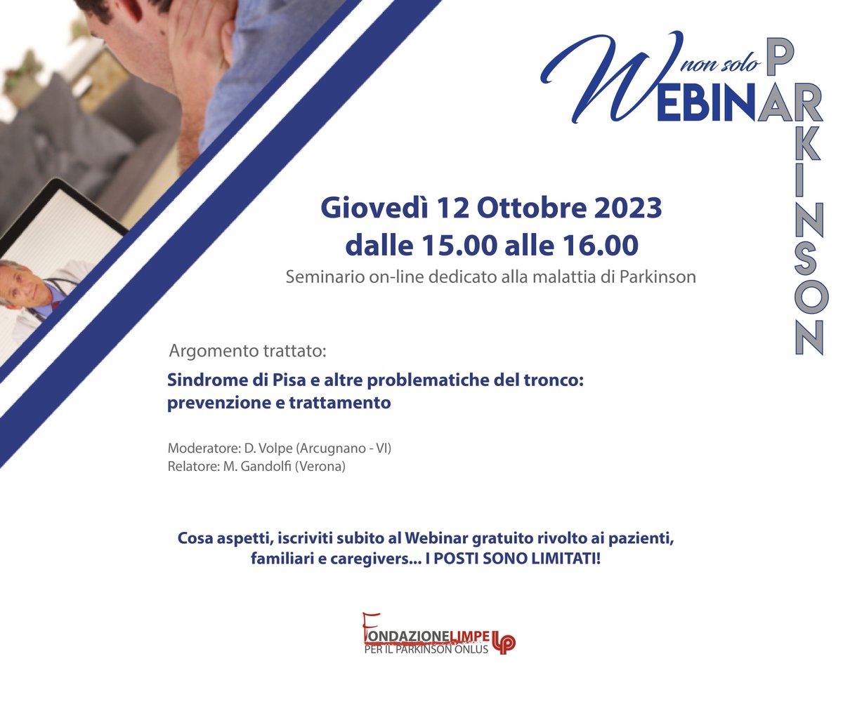 Il 𝟏𝟐 𝐎𝐓𝐓𝐎𝐁𝐑𝐄 𝐚𝐥𝐥𝐞 𝐨𝐫𝐞 𝟏𝟓:𝟎𝟎  webinar “𝑺𝒊𝒏𝒅𝒓𝒐𝒎𝒆 𝒅𝒊 𝑷𝒊𝒔𝒂 𝒆 𝒂𝒍𝒕𝒓𝒆 𝒑𝒓𝒐𝒃𝒍𝒆𝒎𝒂𝒕𝒊𝒄𝒉𝒆 𝒅𝒆𝒍 𝒕𝒓𝒐𝒏𝒄𝒐: 𝒑𝒓𝒆𝒗𝒆𝒏𝒛𝒊𝒐𝒏𝒆 𝒆 𝒕𝒓𝒂𝒕𝒕𝒂𝒎𝒆𝒏𝒕𝒐 ” 
📌ISCRIVITI SUBITO:  buff.ly/3Qb7lgm 
#parkinson #webinarparkinson