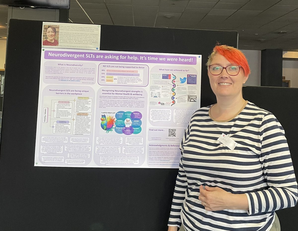 Presenting my poster about @NDSLTUK and the lived experiences of  Neurodivergent speech & Lang therapists at #BDCAHPS23 @BDCFT_AHPs #AHPsDay