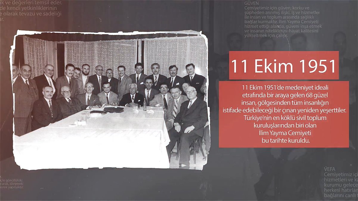 İlim Yayma Cemiyeti 72 yaşında...
Medeniyet ideali etrafında bir araya gelen 68 hayırsever insan 11 Ekim 1951'de İlim Yayma Cemiyeti'ni kurdu.