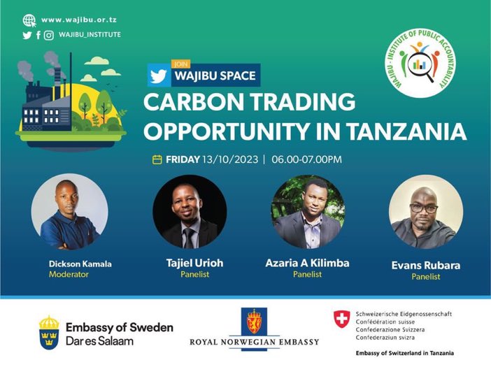 MarekaMalili's tweet photo. @InstituteWajibu welcomes you to Climate talk series 

This week we will Unpack “Carbon Trading Opportunity in Tanzania” 
Join the experts @tajiel_urioh @ThePunditsFolly &amp; Kilimba 

Moderated by @ItsKamala 
Set reminder 👇🏿
https://t.co/ARi6SExS1Z…
#Accountability4ClimateAction https://t.co/Q8kRRBZNUH