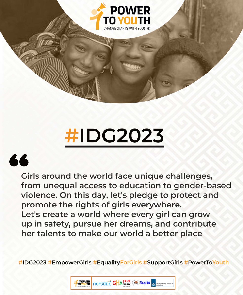 Girls around the world face unique challenges, from unequal access to education to gender-based violence. On this day, let's pledge to protect and promote the rights of girls everywhere. 
#IDG2023 #EmpowerGirls #EqualityForGirls #SupportGirls #PowerToYouth