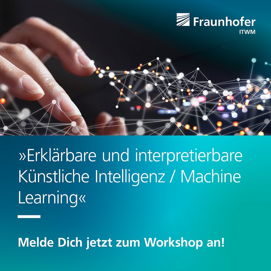 #KünstlicheIntelligenz und #MachineLearning sind aktuell überall. Doch wie treffen diese Systeme Entscheidungen? Dieser Frage kannst Du mit uns sowie dem <a href="/DFKI/">DFKI</a>, dem <a href="/LZKLSoftware/">Leistungszentrum Simulation Software</a> und dem <a href="/FraunhoferIESE/">Fraunhofer IESE</a> auf den Grund gehen! 🙌🚀➡️itwm.fraunhofer.de/workshop-erkla…