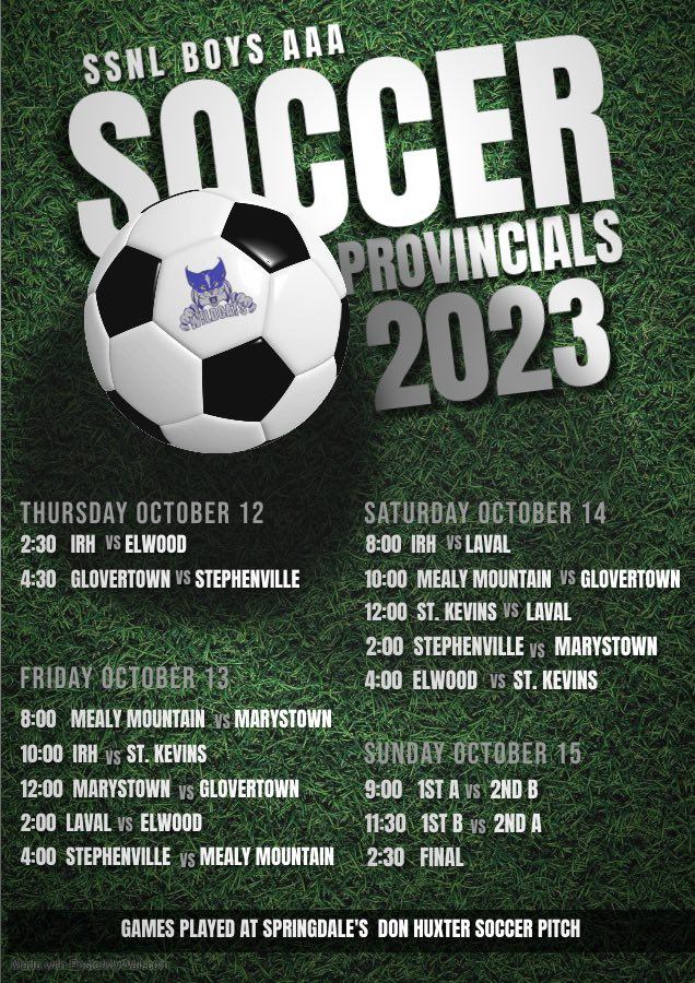 We are hosting #SSNLProvincials 3A Boys Varsity Outdoor Soccer this weekend! Come join us on the Don Huxter Soccer Pitch in <a href="/springdalebound/">Town of Springdale</a> for some exciting games! <a href="/schoolsportsnl/">School Sports NL</a> <a href="/NLESDCA/">NLESD</a>