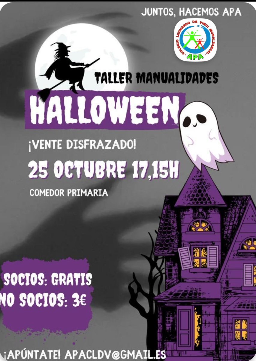 APACLDV's tweet photo. Nos gustaría invitaros a nuestro próximo taller de manualidades, con temática de Halloween, que celebraremos el 25 de octubre a partir de las 17:15 en el comedor de primaria. 
Animáos a participar independientemente de vuestra edad enviando un correo a apacldv@gmail.com
🎃👻🍬🍭 https://t.co/E8zIvs0rQI