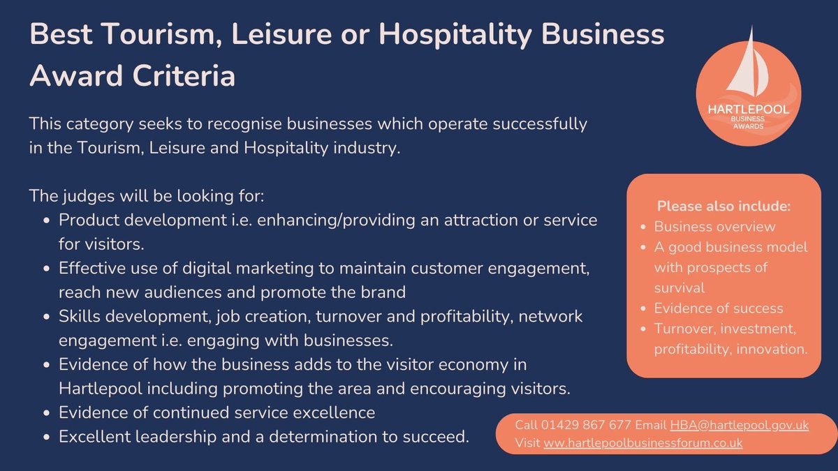 Have you applied for #HartlepoolBusinessAwards2023?
🏆 Applications are still open until Friday 13th October at 12pm noon
🎉 Best Tourism, Leisure or Hospitality Business Award - award criteria below &amp; apply here lnkd.in/eVEwzyVb
🎊 Tag businesses you think should apply