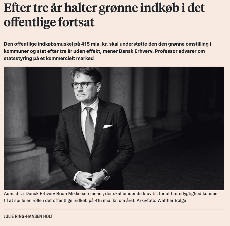 De grønne indkøb halter stadig i det offentlige, som hvert år køber ind for 415 mia. kroner. Derfor skal der være bindende krav til at reducere klimaaftrykket i de offentlige indkøb 👉borsen.dk/nyheder/baered…