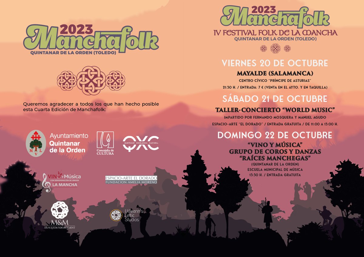 Un año más queremos agradecer a los colaboradores del @ManchafolkFest que sigan apoyando la trayectoria de este humilde Festival:
@aytoquintanar
@DOLaMancha
Fundación Amelia Moreno
'M & M' (Mosquera Management)
'Uilleann's Celtic Studios'.

Y a todos los que nos apoyáis.💖