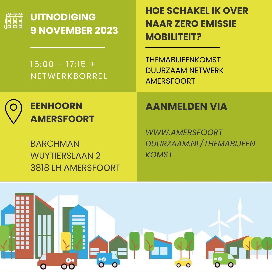 Hoe schakel ik over naar zero emissie mobiliteit?
Ben je ondernemer in Amersfoort en vraag je je af hoe je met je bedrijf overschakelt op zero emissie mobiliteit? Ook met netcongestie? En wil je weten wat de subsidiemogelijkheden zijn?

Lees meer : amersfoortduurzaam.nl/themabijeenkom…