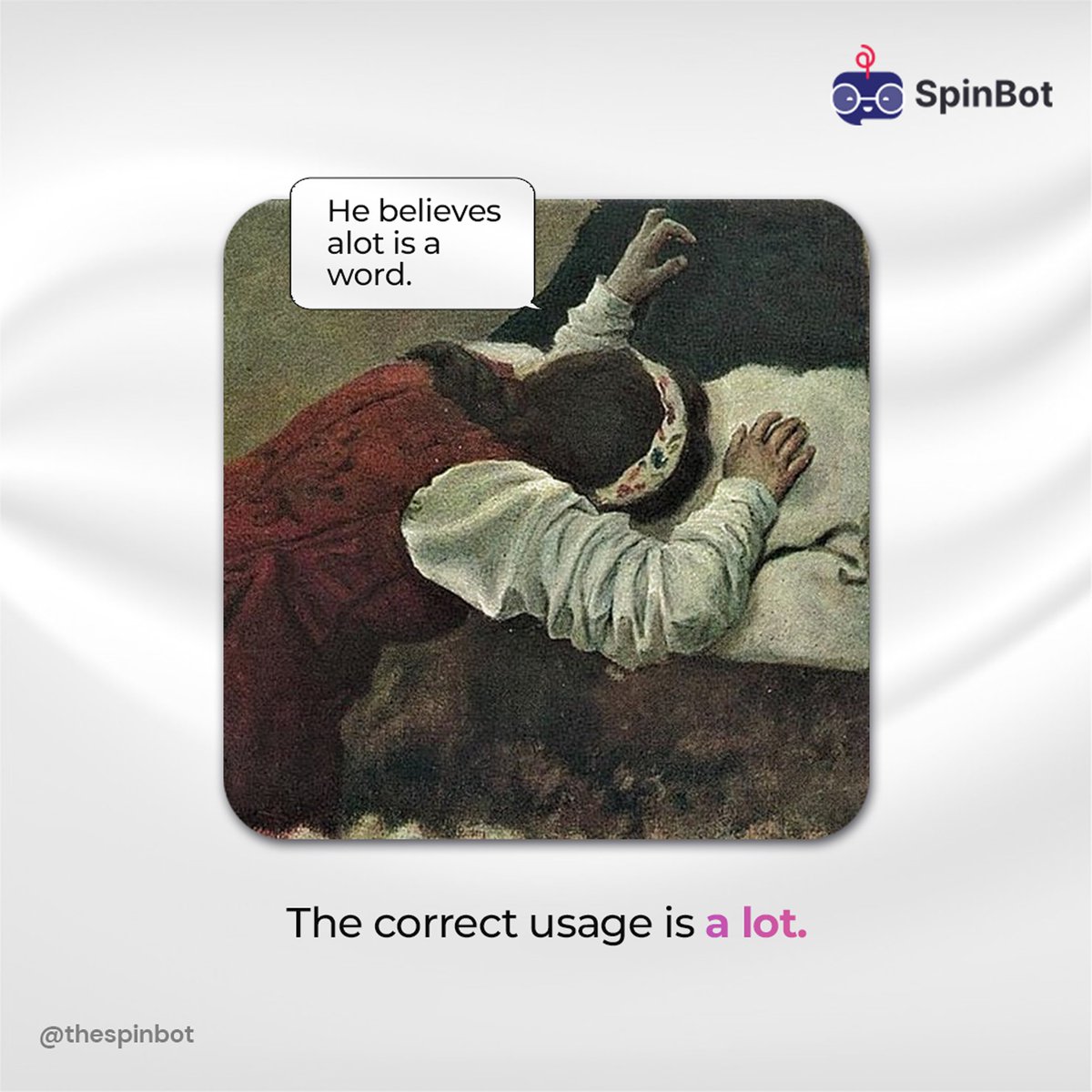 spinbotofficial's tweet image. When someone says &apos;alot,&apos; my inner grammar nerd cries. 😂

#grammarproblems #languagelover #spinbot #exploremore #aitool #USAtool #meme #sarcasm