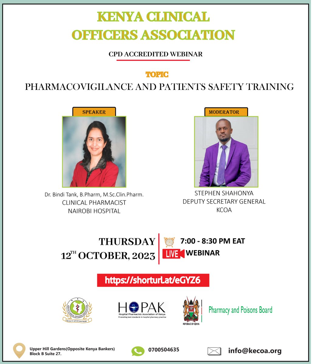 Hi there!

Kenya Clinical Officers Association is inviting you to CPD Accredited webinar

Topic: PHARMACOVIGILANCE AND PATIENTS SAFETY TRAINING.

DATE:  12 October, 2023

TIME: 7:00-8:30 PM

Please register below:
zoom.us/webinar/regist…
<a href="/followers/">はうはう</a>