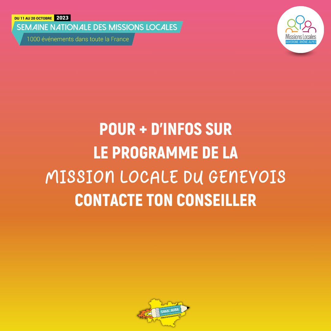🎉Top départ de la SNML 2023 !
Du 11 au 20 octobre 2023, différents événements sont organisés !
Pour plus d'informations sur les différents événements, contacte ton conseiller 📞
<a href="/MLJ_AURA/">AMILAURA</a> <a href="/UNmissionlocale/">UNML</a> <a href="/AnnemasseAgglo/">Annemasse Agglo</a>
#MissionsLocales2023 #CestUneMission #dessinetonavenirAURA