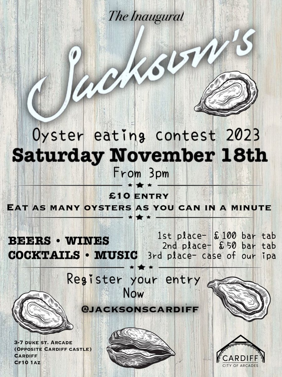 OYSTER LOVERS OF CARDIFF!!! On Saturday November 18th we will be hosting the first Jackson’s oyster eating contest! Just £10 to enter, and some big prizes! Think you can eat the most oysters in a minute, or know someone who can? Enter here bones-entertainment.com/collections/co…
