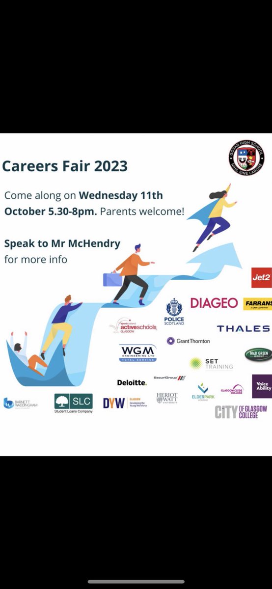 GovanHighSchool's tweet image. A reminder to all pupils &amp;amp; parents that our careers fair is taking place tonight, 11th Oct, from 5.30-8pm. Representatives from colleges, universities &amp;amp; employers will be there so you can speak directly to the experts! See you all this evening.