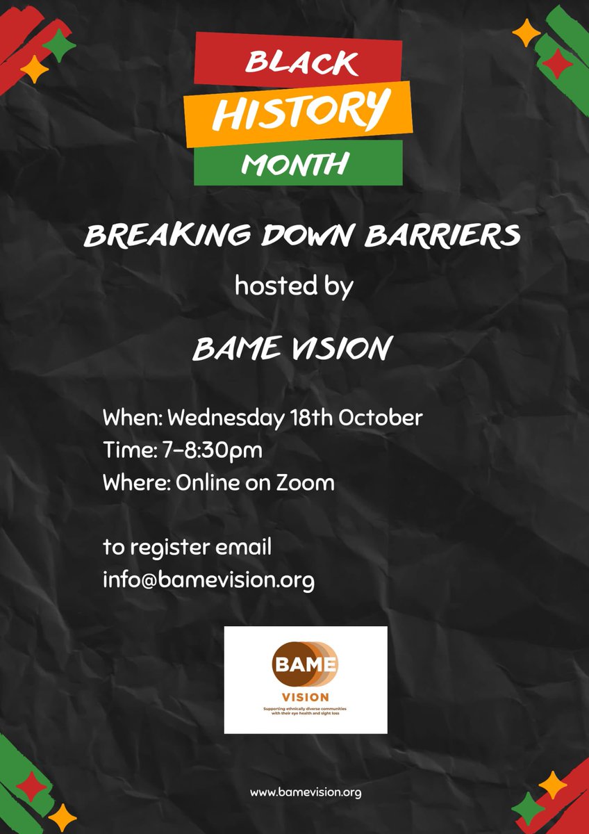 3 fab speakers will share their lived experience of #SightLoss,#stigma, & attitudes they faced. We’ll also hear about the barriers they broke and still need to break through, their achievements, #supportservices, & resources they accessed. Email: info@bamevision.org to attend.