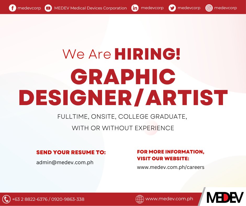 MEDEVCORP's tweet photo. MEDEV is currently looking for Graphic Designer/Artist!

For interested applicants, please send your resume to admin@medev.com.ph. #Hiring https://t.co/ctIr9YRdMi