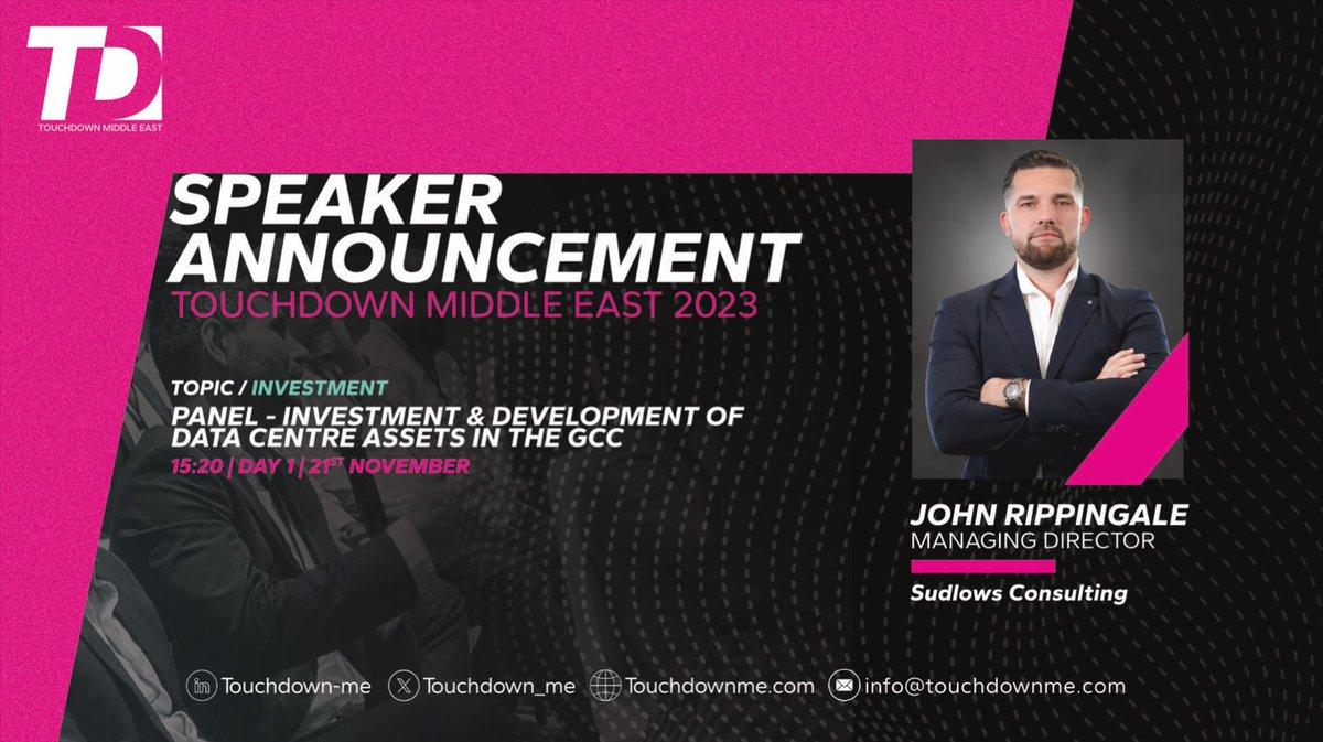 Touchdown_ME's tweet photo. 📣 New speaker! Announcing John Rippingale from @Sudlows_DMCC as a Speaker for Touchdown.

🗣 John will feature on our panel 'Investment &amp; development of data centre assets in the GCC' | 15:20-15:50 | Day 1 | 21st November

Find out more ➡ https://t.co/uTUiWEROQI

#TDME https://t.co/1ahmn6lkkJ