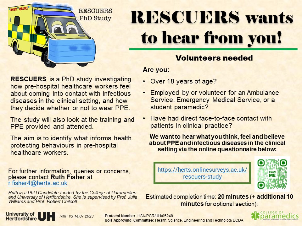 🚑 🚑 🚑 🚑 🚑 🚑 🚑 🚑 🚑 🚑
Do you have a little time to tell us your thoughts on PPE?
Please consider completing this questionnaire!

herts.onlinesurveys.ac.uk/rescuers-study

🚑 #ambulance #paramedics #paramedicstudents 🚑