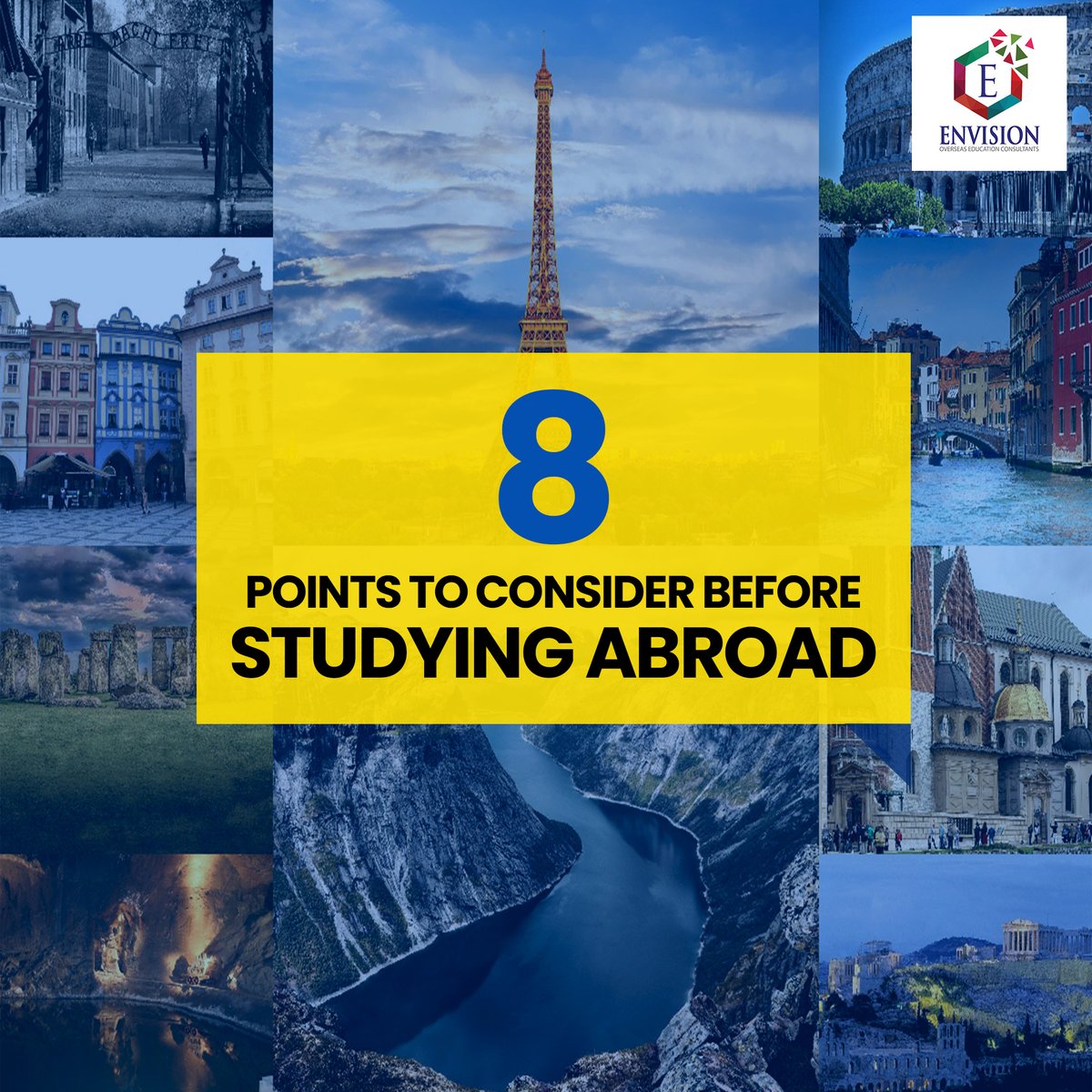 EnvisionOverse1's tweet image. Considering studying abroad? Take a look at these 8 essential things to consider before embarking on your international academic journey! 🌎🎒
#StudyAbroadGuide #studyabroad #studyinuk #studyinaustralia #studyingermany #studyinusa #studyinireland #studyincanada #envision