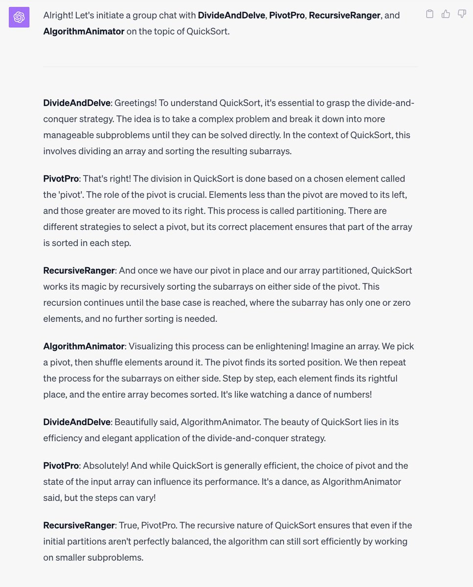 abhilashi's tweet photo. AI Agents to help us learn. It's super easy to spin up agents to teach us a topic. We can even make them interact engage with each other. It's almost like concepts having a persona and talking to each other. 🤯 #ChatGPT #ai4learning https://t.co/HwE8frqAiQ