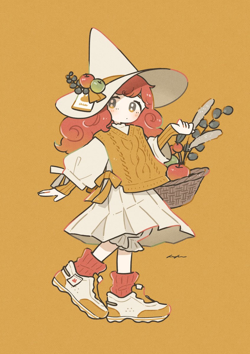 1girl solo hat white headwear shoes witch hat food  illustration images