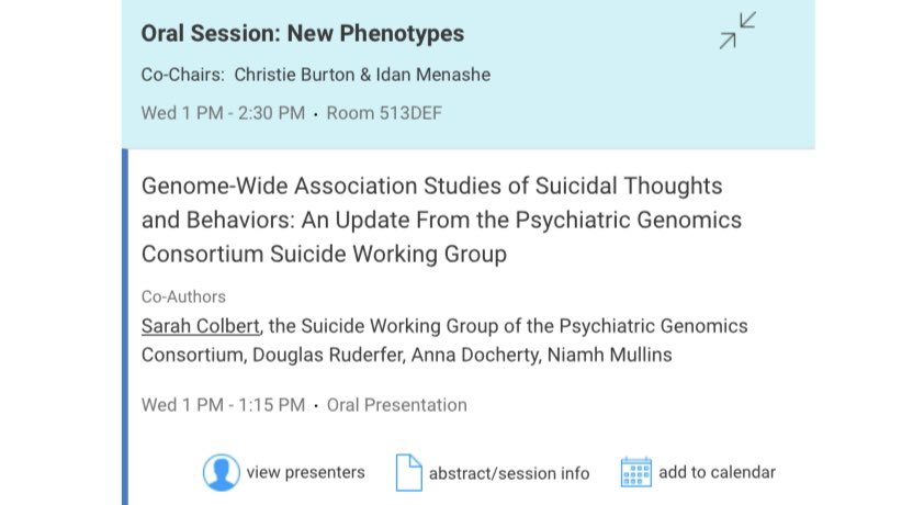 My talk!!! Today!!! 1-1:15!!! Come see what the @PGCgenetics suicide working group is getting up to! #WCPG2023