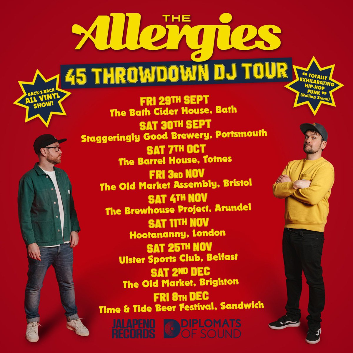 The ‘45 Throwdown’ is coming to a town near you (but, most likely not). If you have a postcode neighbouring these fine spots, do come shake a leg as we spin funky records. Tickets: linktr.ee/allergieslive