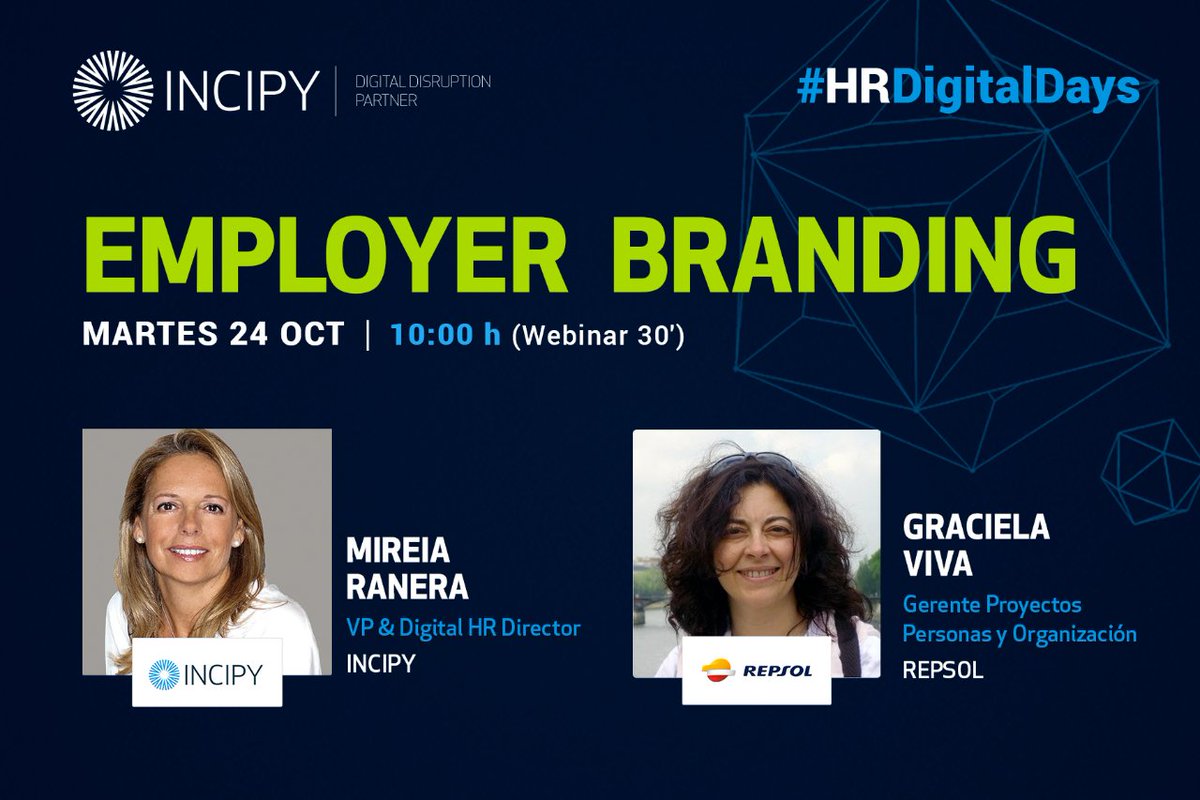 incipy's tweet photo. En el ecuador de la semana #HRDigitalDays, charlaremos de #EmployerBranding junto a toda una experta, Graciela Viva, Gerente Proyectos Personas y Organización de @Repsol.
Apunta su webinar para el martes 24 de octubre 📝
https://t.co/nQQanarysS https://t.co/yfo9zBHdCj
