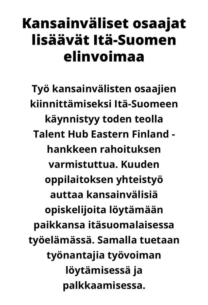 Miten ulkomaalaiset opiskelijat saataisin paremmin työllistymään Suomeen?

Haemme ratkaisuja 6 oppilaitoksen ainutlaatuisella yhteistyöllä:
✅mentoriohjelma
✅työelämätaidot osaksi opintoja
✅firmatiimimalli
✅yrittäjyyskoulutus

Muita ideoita?

Juttu:
uef.fi/fi/artikkeli/k…