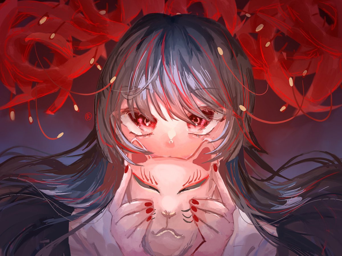 1girl long hair mask red eyes holding mask spider lily holding  illustration images