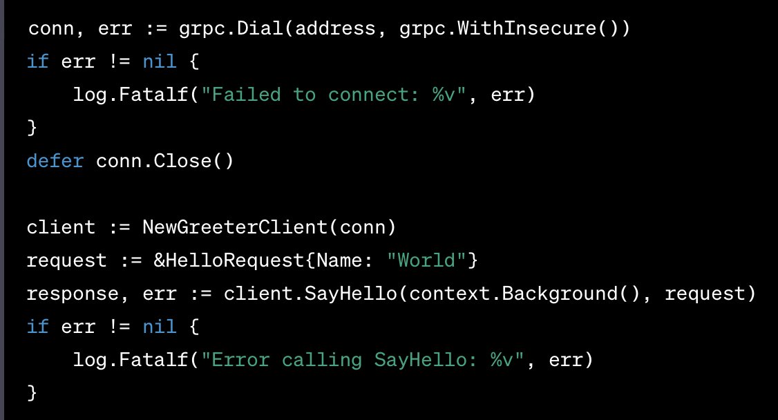 MattJamesBoyle's tweet photo. gRPC & Go 
You have probably heard of gRPC if you haven't used it.  It is particularly popular for inter-service communication due to its efficiency, language agnostic nature and support out of the box for things like MTLS. 

Here's a really simple example of how you can get started with gRPC and hopefully highlights some of the benefits. For the examples here I am using @bufbuild which is currently my favourite proto tool.

Firstly, define a service definition:

Create a buf.gen.yaml (you can also use buf to generate this automatically). The one below basically says generate me both go proto code and gRPC bindings:
Now you can run "buf generate". It will generate you a bunch of code in your gen/go folder.

Next, we will declare a server and implement the interface of the gRPC server, and start it:

A client can now connect as follows:
that's it! 

Some next steps for you to consider:
- Try and update the protobuf to add another service method, generate it and implement it. This will be FAST!
- Add breaking change detection to your protobuf.
-  Try and generate a client in another language (Java/node/python works pretty well).
- Try and build a protobuf "monorepo" that generates code in CI for multiple languages and does breaking change detection.
- Try and connect to your service without using grpc.WithInsecure().

After these next steps, you will hopefully see some the benefits of gRPC and will be ready to present it to your colleagues. Good luck!