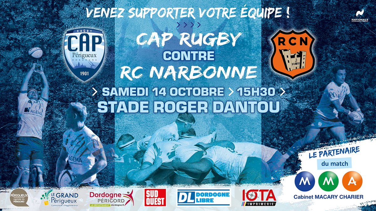 Supporters du CAP, retour ce samedi sur le Dantou ! 
Le CAP reçoit le <a href="/RCNarbonnais/">Racing Club Narbonnais</a> pour cette septième journée de championnat 
Ouverture des portes à partir de 13h
Retrouvez le déroulé du match en story Facebook &amp; Instagram

#Perigueux #rugby #dordogne