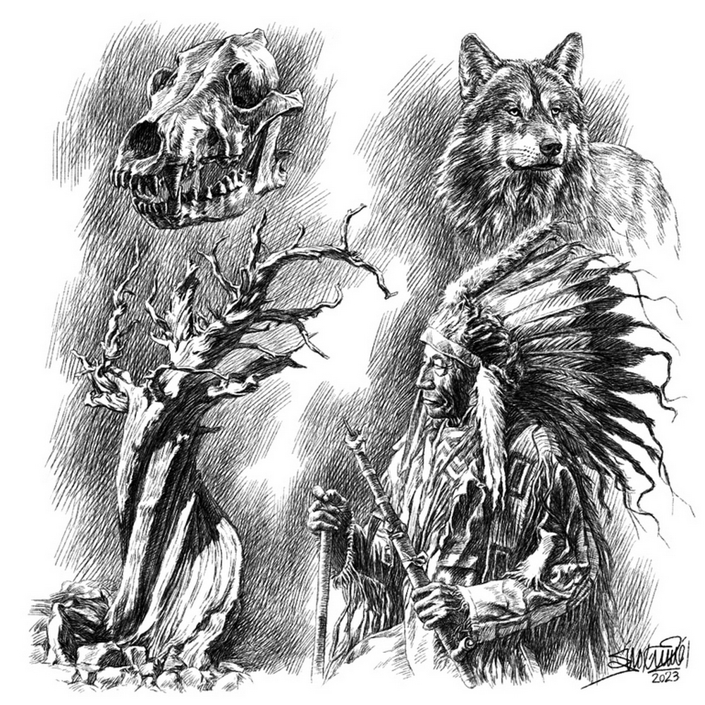 AfshinAminiArt's tweet photo. Exploring heritage and nature in my new ink collage. This artwork weaves together the legacy of an American Indian, the wild spirit of a wolf, the haunting echoes of a wolf skull, and the serene wisdom of an ancient tree.
#AfshinAminiArt #InkDrawing #InkCollage #HeritageArt https://t.co/d7OaKEz99S
