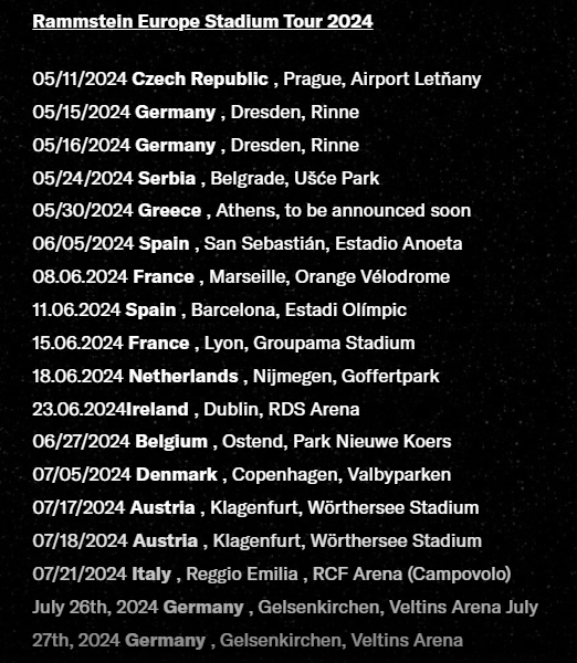 #Rammstein's Europe Stadium Tour goes into a new round in 2024! The general presale for all dates starts on Wednesday, 18.10.2023, 11:00 a.m. CEST via rammstein.de/en/live/