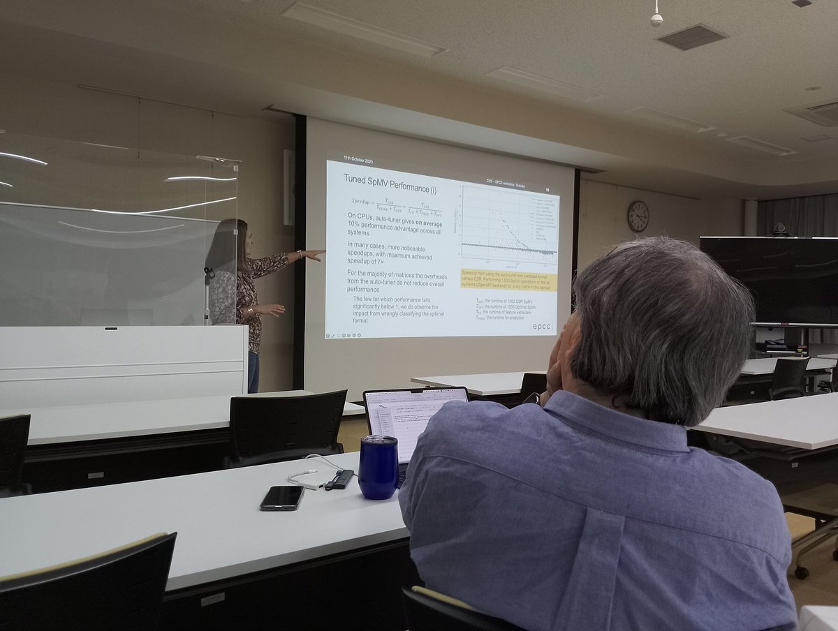 adrianjhpc's tweet photo. @micheleweiland presenting sparse matrix format optimisation, showing 10x or more performance improvements for optimal format choice in specific cases @CCS_PR #CollaborationWorkshop https://t.co/Wgm3UJYo5U