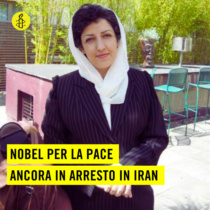 amnestyitalia's tweet photo. 🔴Narges Mohammadi, attivista per i diritti umani e Nobel per la pace 2023, è ancora incarcerata a Teheran.

Condannata a oltre 11 anni di carcere e 154 frustate, per aver chiesto l’abolizione della pena di morte in Iran.

Firma ora l'appello per la sua liberazione!
