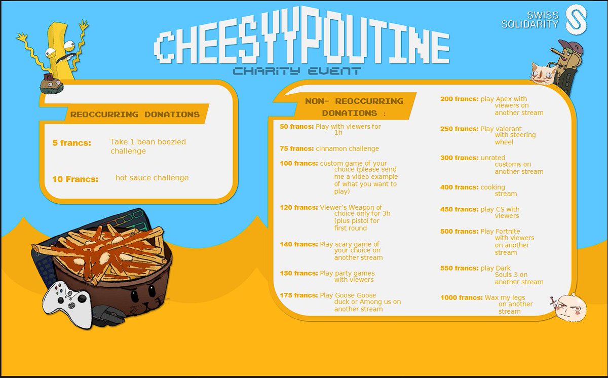 gaming_poutine's tweet image. So had to retweet this again since twitter is a mess xD
Charity event happening today at 14:00 Central european time
#RiotGames #twitchstreamer #charitystream #VALORANT #twitch
Join the stream with this link
twitch.tv/cheesyypoutine
Charity link
swiss-solidarity.org