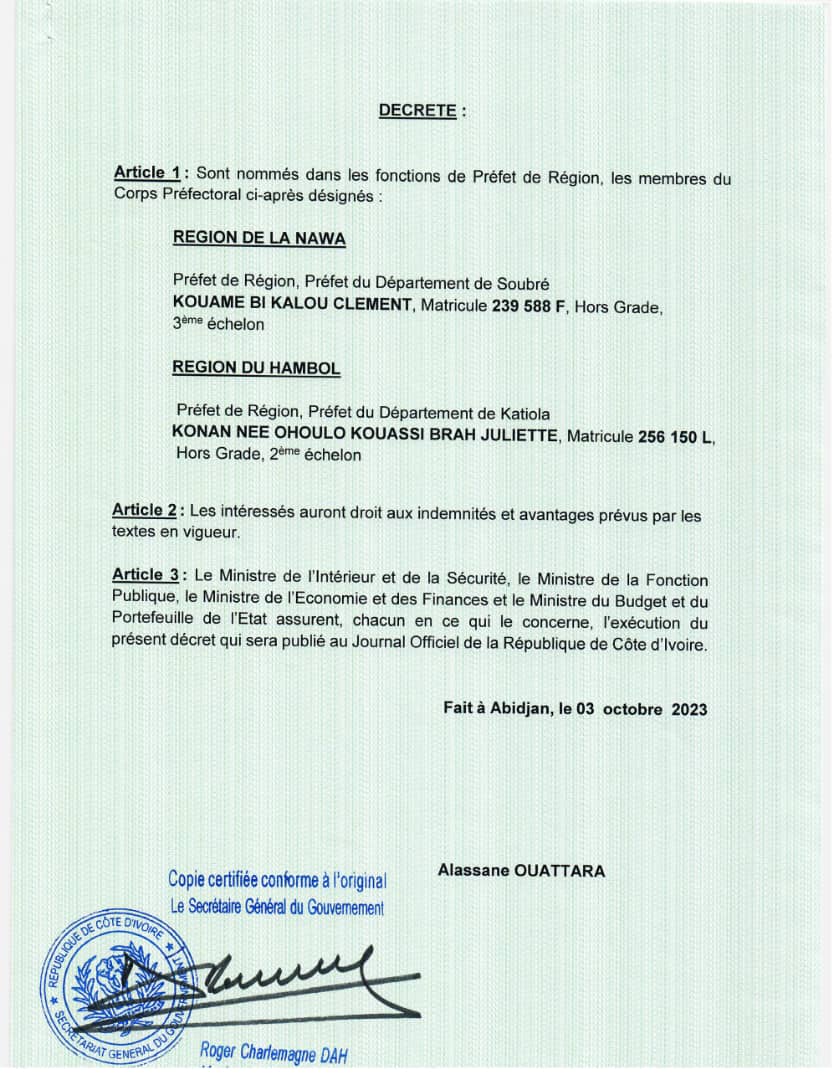 Gouvciofficiel's tweet photo. #Communiqué | Le Président de la République, Alassane Ouattara, a procédé, le 3 octobre 2023, à la signature de décrets portant nomination dans les fonctions de PRÉFET DE RÉGION, PRÉFET DE DÉPARTEMENT, SECRÉTAIRE GÉNÉRAL DE PRÉFECTURE. (1/2)

#CICG #GouvCI https://t.co/MHrqqh7G2A